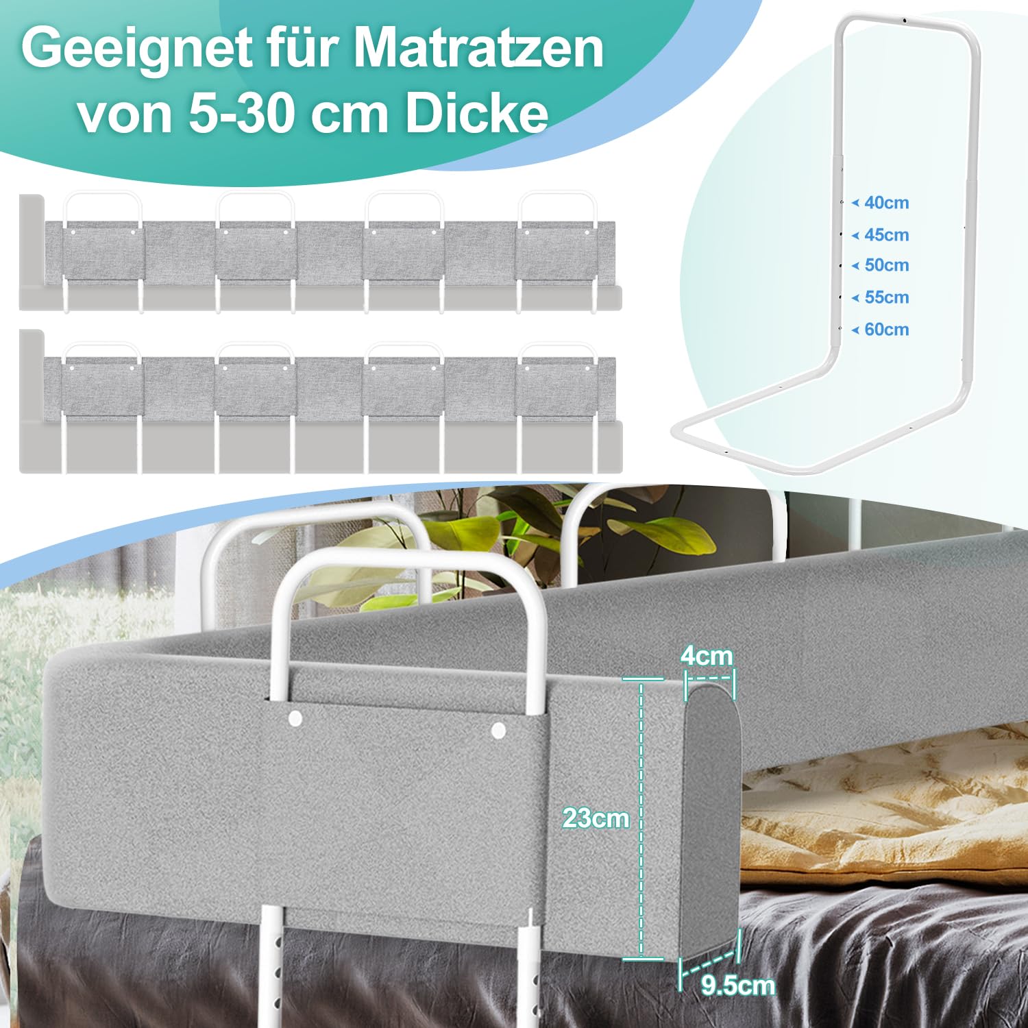 2 barandillas de cama para niños de 200 cm, 5 agujeros, altura regulable, protección anticaídas, barandilla plegable, fácil de montar, color gris