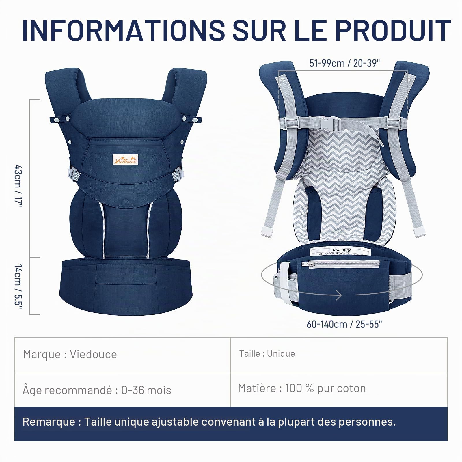 Viedouce Porte-Bébé Physiologique, Porte Bebe Naissance avec Ergonomique bébé porte-bebe pour nouveau-nés et petits enfants de 3 à 36 mois (3 à 20 kg)