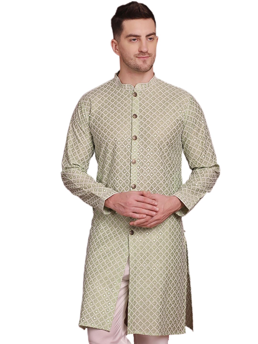 Jompers Men's Sequin Chikankari Front Open Kurtas (Pista, S)