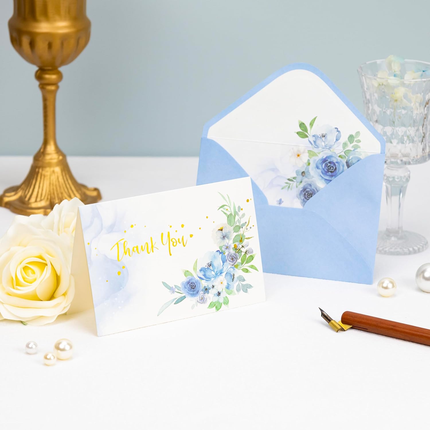 Crisky 4 Assorted Blue Gold Watercolor Floral Thank You Cards with Envelopes (25 Pack) with White Craft Envelopes & Stickers for Birthday, Baby Shower,Bridal Shower, Wedding, Graduation - Image 5