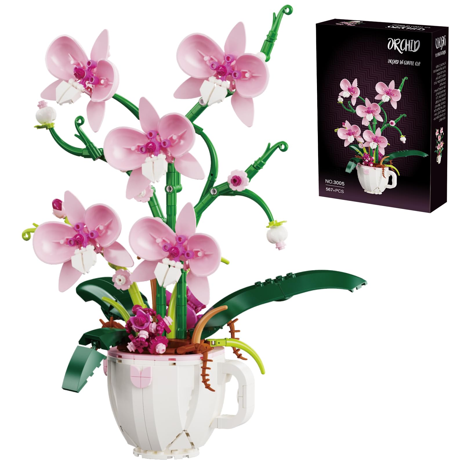 LQPFBSM Pink Orchid Botanical Building Set in Coffee Cup 567 Pcs Flower Bouquet Building Blocks Kit Elegant Home Office Desk Decor Creative Plant Craft Gift for Women Teens & Adults