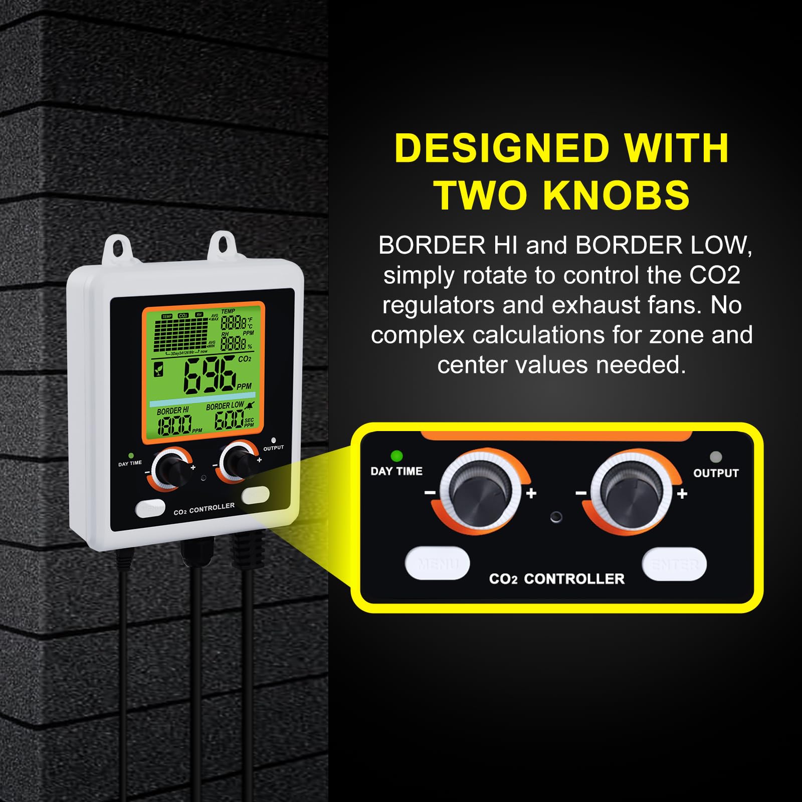 CO2-Controller mit zwei Steckdosen für den Grow Room, Zwei Smart-Steckdosen steuern automatisch CO2-Regler und Ventilatoren, NDIR-Sensor CO2-Monitor und Controller mit großem Display für CO2-Diagramm