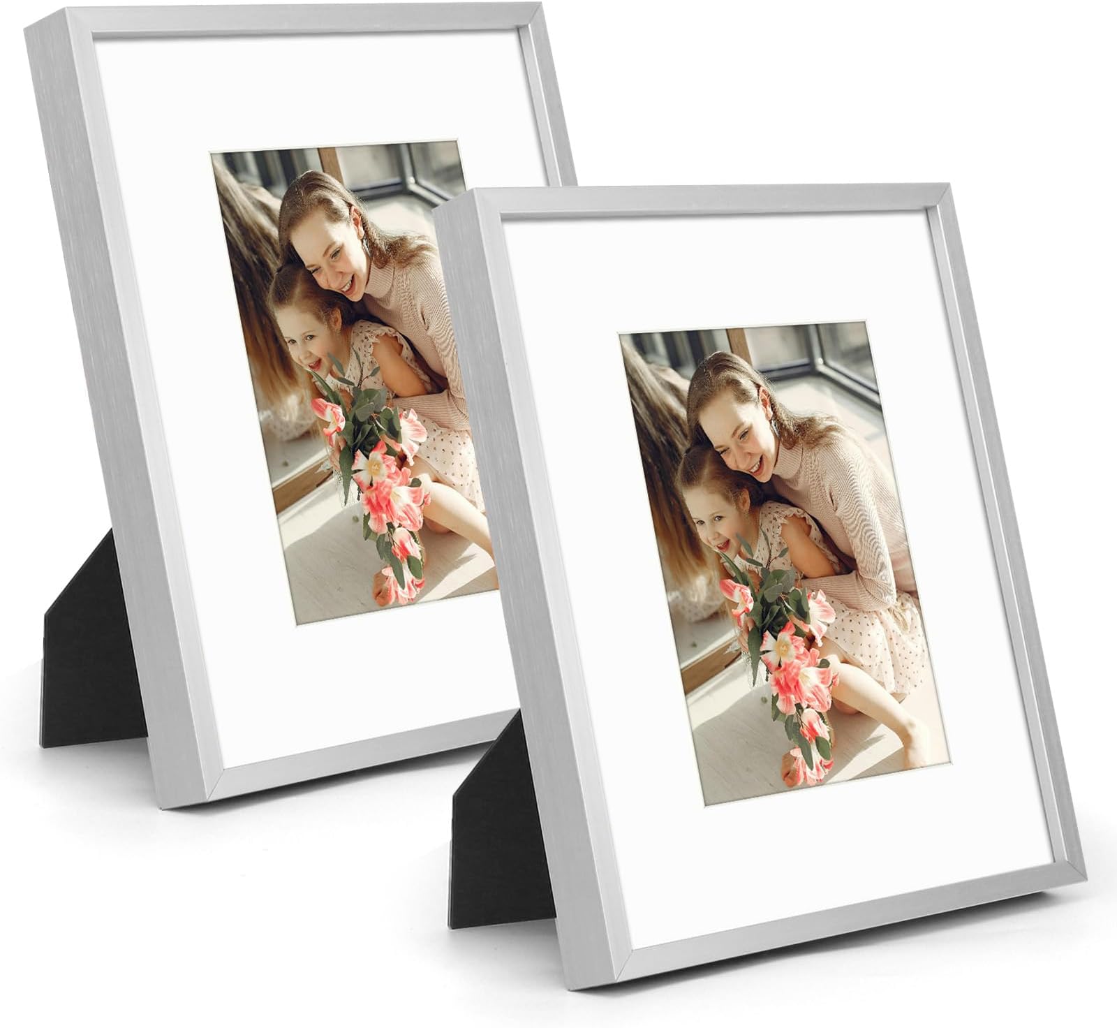 Silver 8x10 Aluminum Picture Frame - Displays Photos 5x7 with Mat or 8x10 inch Without Mat - Shatter-Resistant Glass Metal Photo Frame for Wall or Tabletop Display (2 Pack)
