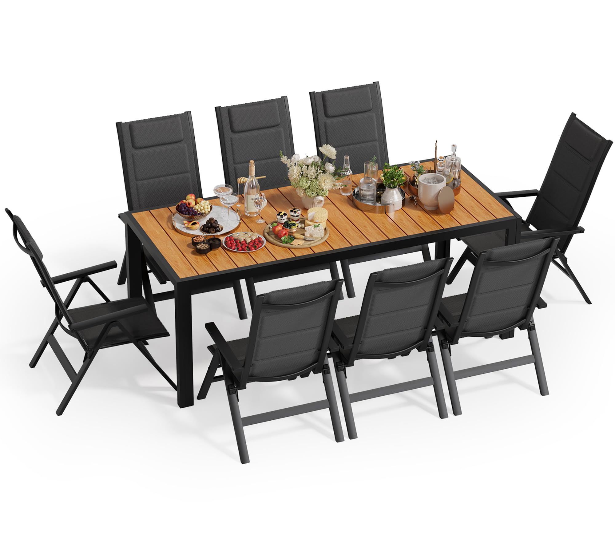 JUMMICO Gartenmöbel Set, 8 stühle Klappbar mit 1 Tisch, 5-Fach Verstellbarer Aluminium Sessel und Einer Tischplatte in Holzoptik, Wetterfestes Terrassenmöbel für Balkon und Garten