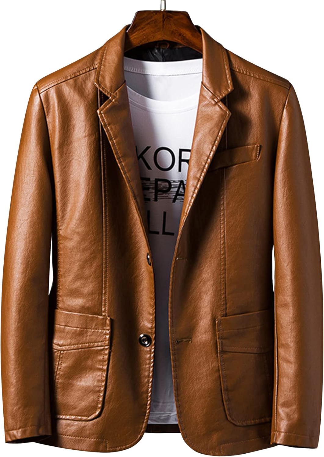 Men's Slim Fit Button Up Notched Lapel PU Faux Leather Blazer Jacket - Image 3