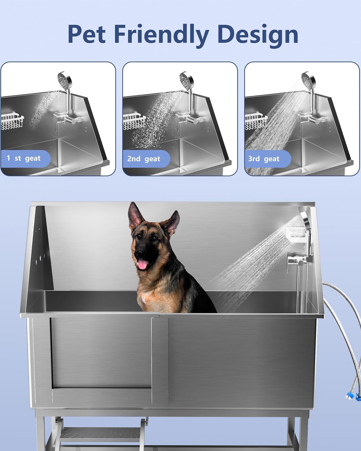 62" Dog Bathtub, Professional Stainless Steel Dog Washing Station with Stairs, Shower Head & Faucet, Dog Grooming Tub for Large, Medium, Small Dogs Pets