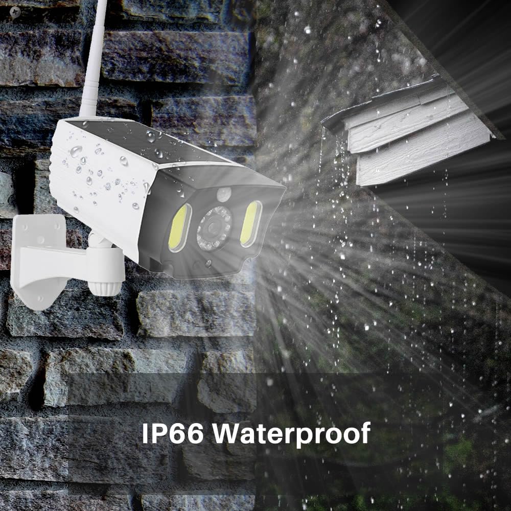 JUSTOP Cámara CCTV falsa, funciona con energía solar, luces LED de seguridad con sensor de movimiento PIR, impermeable para uso en exteriores, color blanco