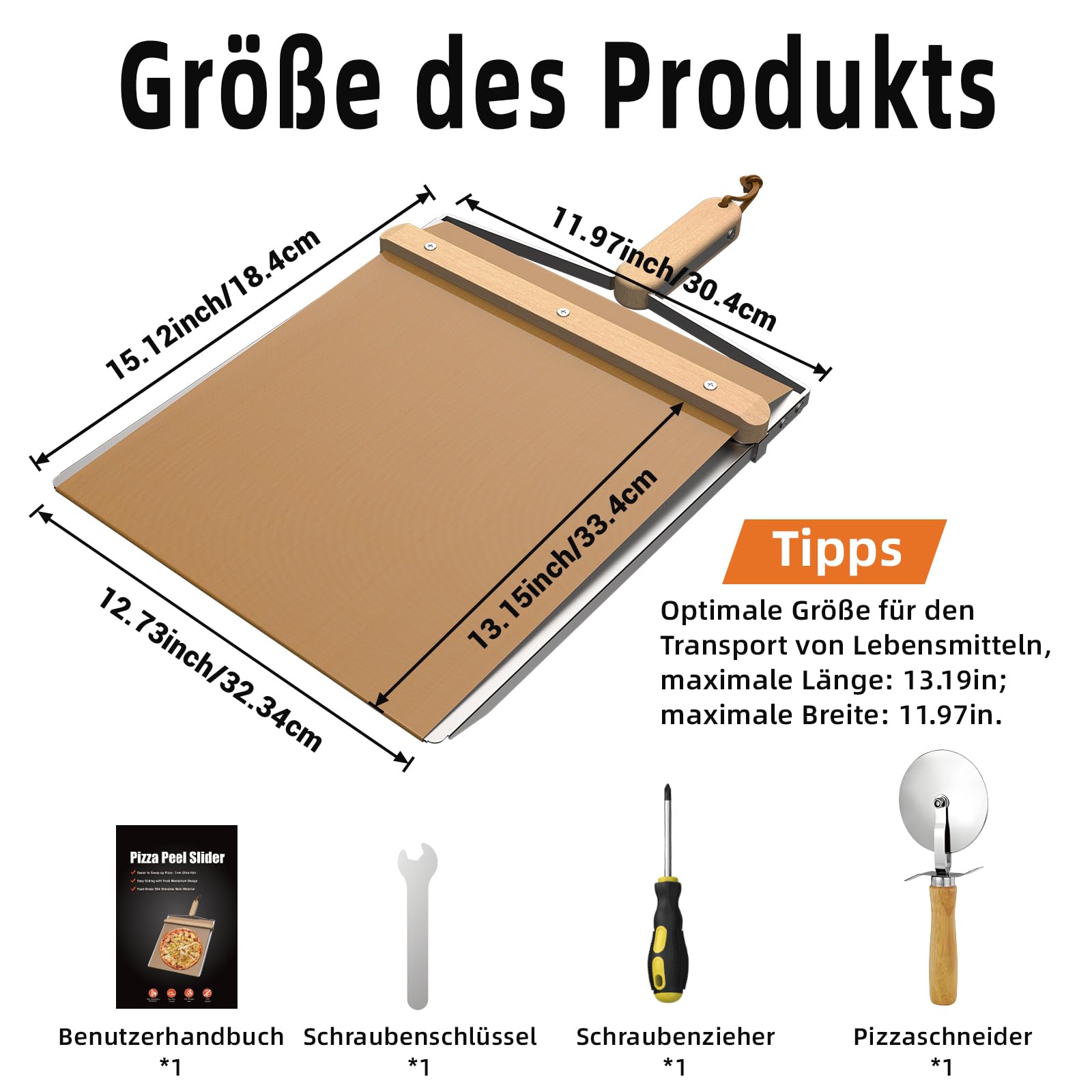 Rutschender Pizzaschieber aus Edelstahl und Holz, Antihaftbeschichteter Pizza Slider mit Massivholzgriff, 14,37" x 11,22" Pizzaschaufel, Pizzaschieber Set mit Zusätzlichen Schrauben und Ersatz-Teflon-