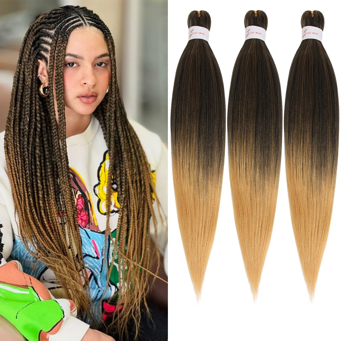 Leeven 26 Inch Pre Stretched Braiding Hair Natural Black Kanekalon 3 Packs EZ Braiding Hair Crochet Braiding Hair Extensions /T27#