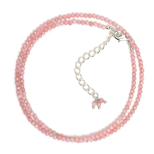 Gempires Natural Pink Opal Beads Necklace, Faceted Beads, Energy Healing Crystals, Silver Plated Chain, Birthday, Gift for Her, Gemstone Jewelry 18