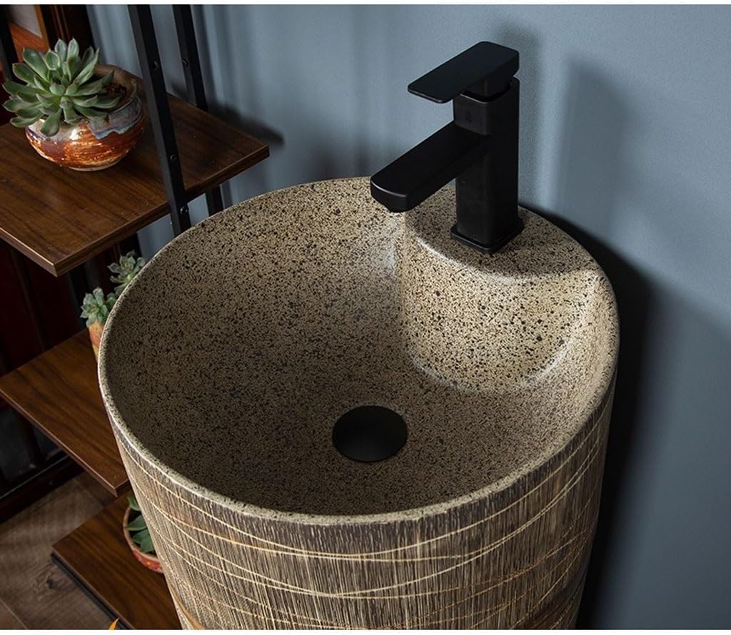 Bathroom Countertop Vessel Sink Ceramic Pedestal Basin Outdoor Courtyard Cylindrical Wash Balcony Integrated Floor-standing Retro Pedestal Sink Vanity