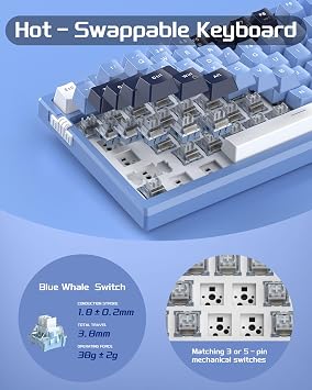 MageGee SKY81 75% Mechanical Gaming Keyboard, Gasket Hot Swappable Wired Custom Creamy Keyboard w/ 5-Layer Sound Padding, Knob Control, RGB Backlit, NKRO for Win/Mac (Prussian Blue, Blue Whale Switch)
