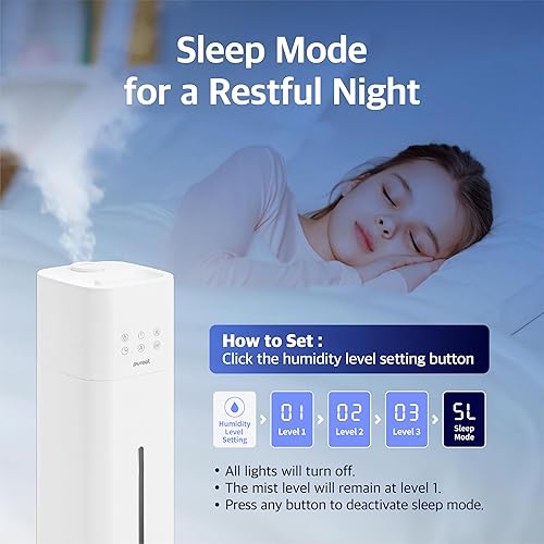 Miniatura 9 de Pureal Humidificador de torre de 10L, tiempo de funcionamiento 83H, niebla cálida y fría, habitación grande, tanque de llenado superior en ruedas,