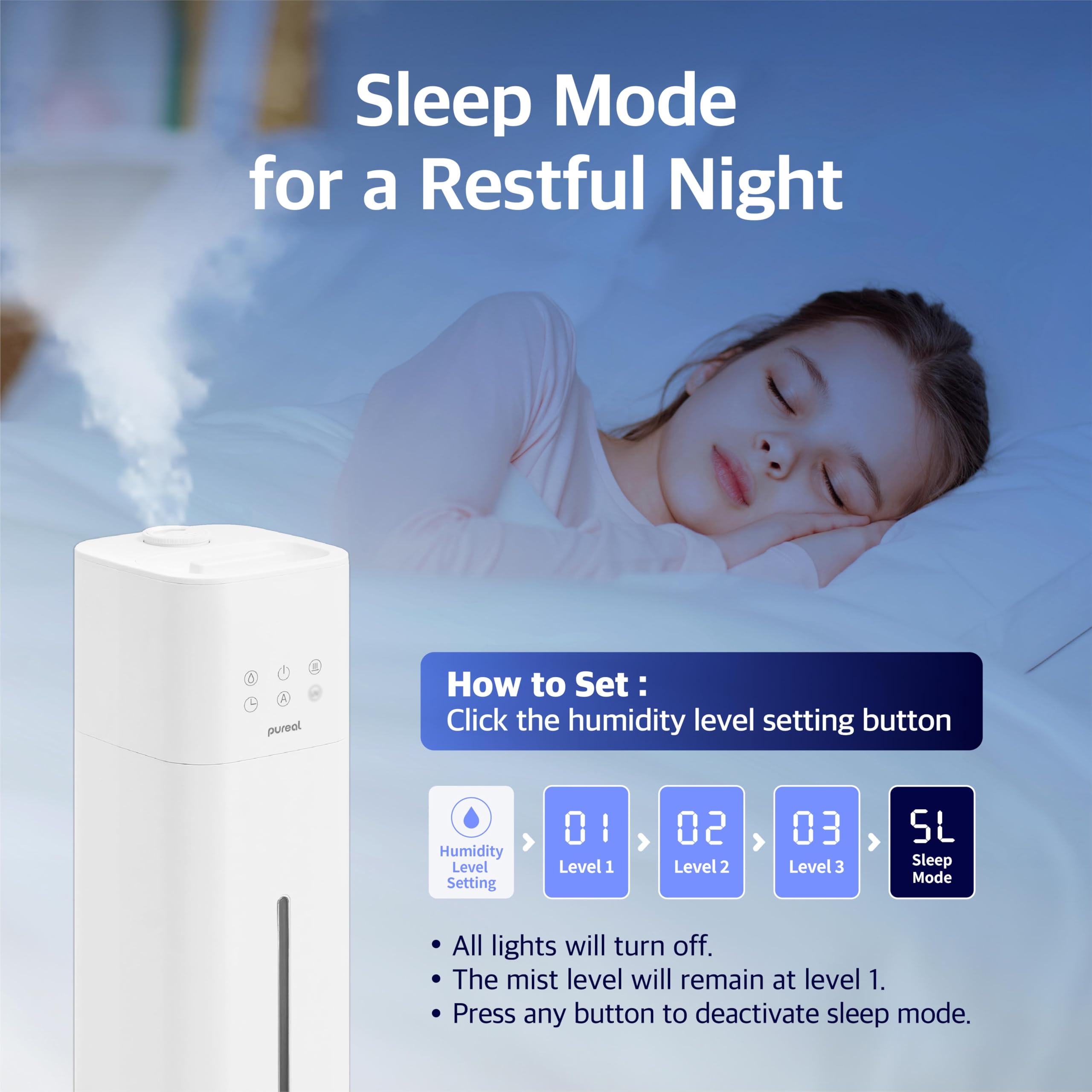 Pureal Humidificador de torre, 2.6 galones (10 L) sobre ruedas, niebla cálida y fría de 3 etapas, dura 83 horas, habitación grande con luz ambiental, ajuste de humedad, temporizador de 12 horas