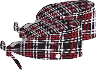 Working Cap with Button Red Plaid Checkered Tartan Sweatband Adjustable Work Head Skull Hats for Adult 2PCS, Colorful, Medium-Large