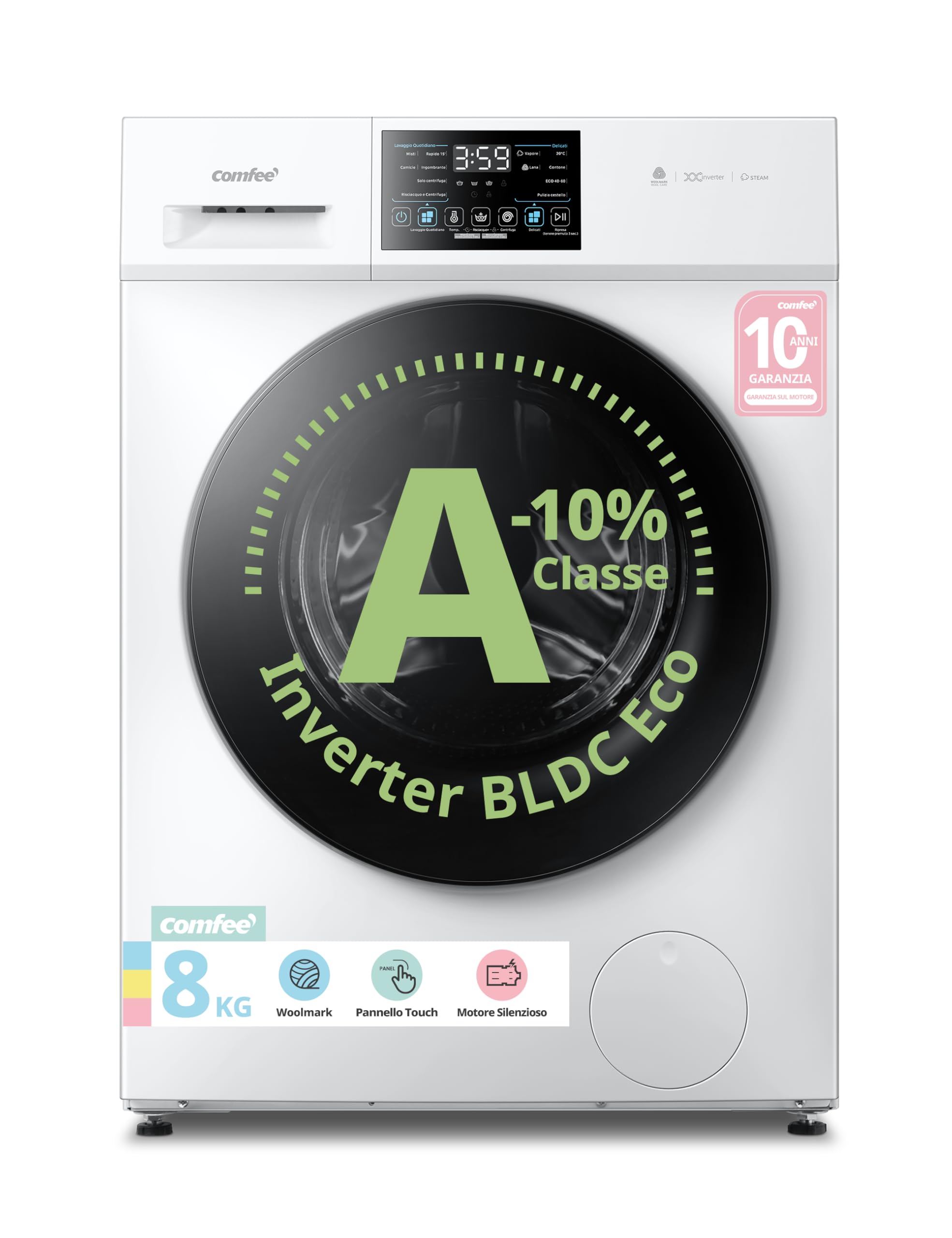 COMFEE' Lavatrice Carica Frontale 8 kg, Classe A-10%, 1400 Giri, Vapore Igienico, Motore Inverter Silenzioso, Lavaggio Rapido, Pannello touch, Wool, Bianco - CFP03EW80W-IT