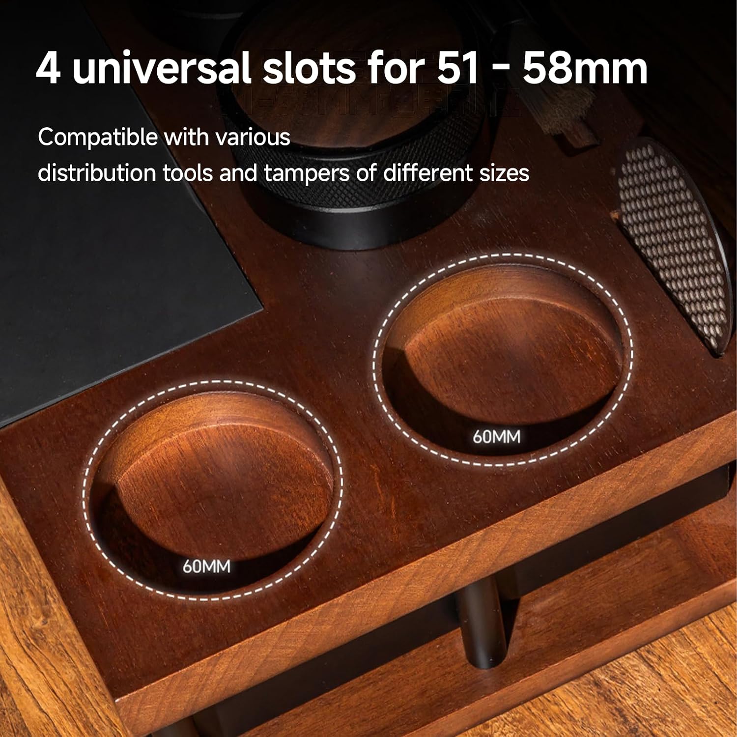 Espresso Tamping Station with Knock Box, 8-in-1 Wooden Coffee Organizer, Espresso Knock Box & Tamping Station 58mm, Fits 51/53/54/58mm Portafilter Tamper Distributor for Home Barista image 3