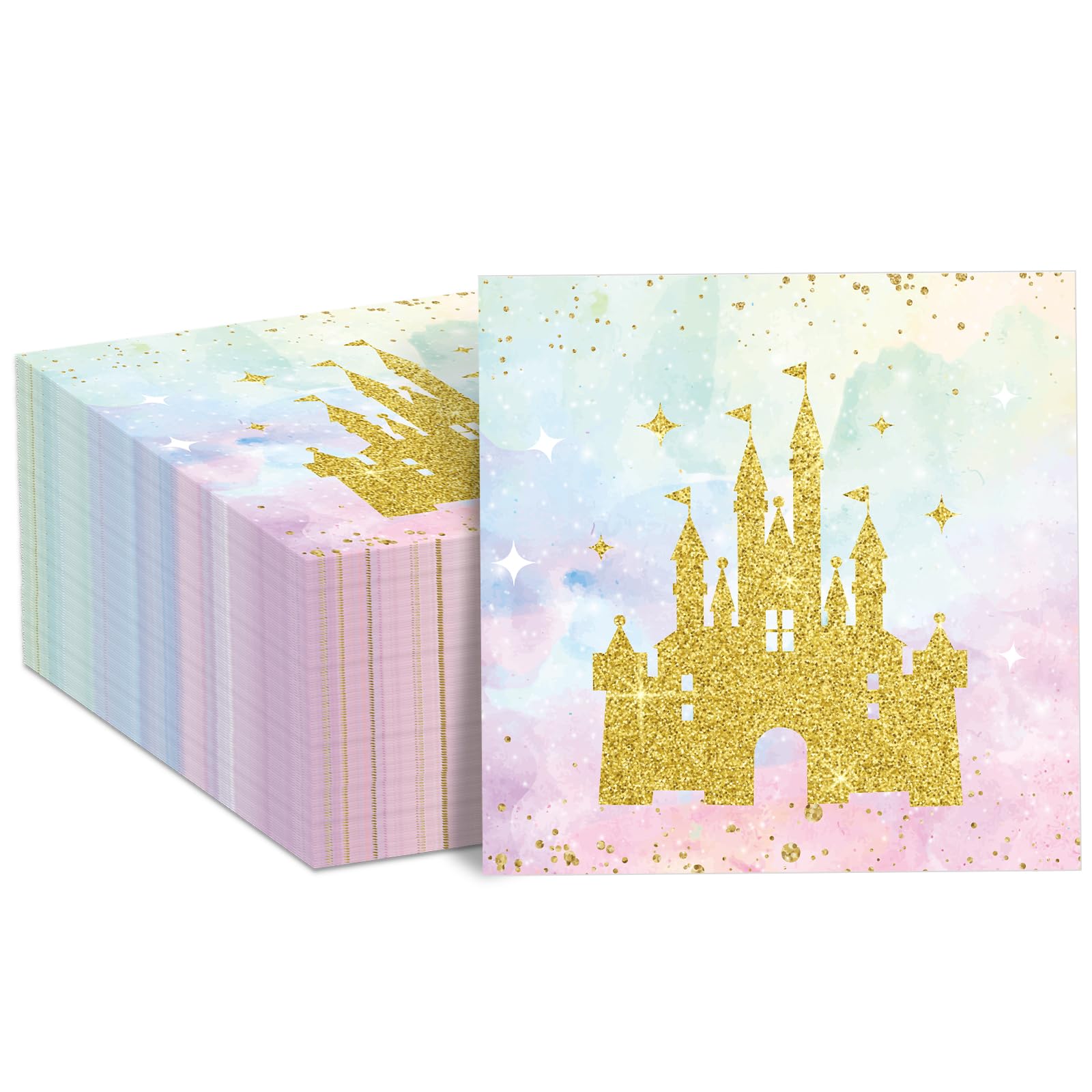 50PCS Princess Castle Birthday Party Supplies Watercolor Pastel Rainbow Paper Napkins Gold Glitter Hand Towels Napkins Tableware Set for Girls