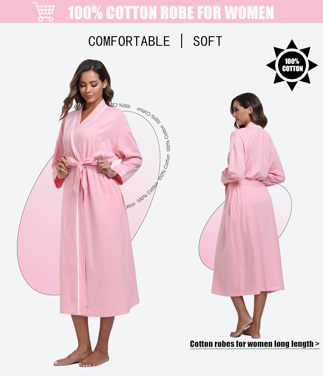 ANLIQI 100% Cotton Robe for Women Long Sleeve Knit Kimono Soft Lightweight Bathrobe Ladies Loungewear with Pockets S-2XL - Image 2