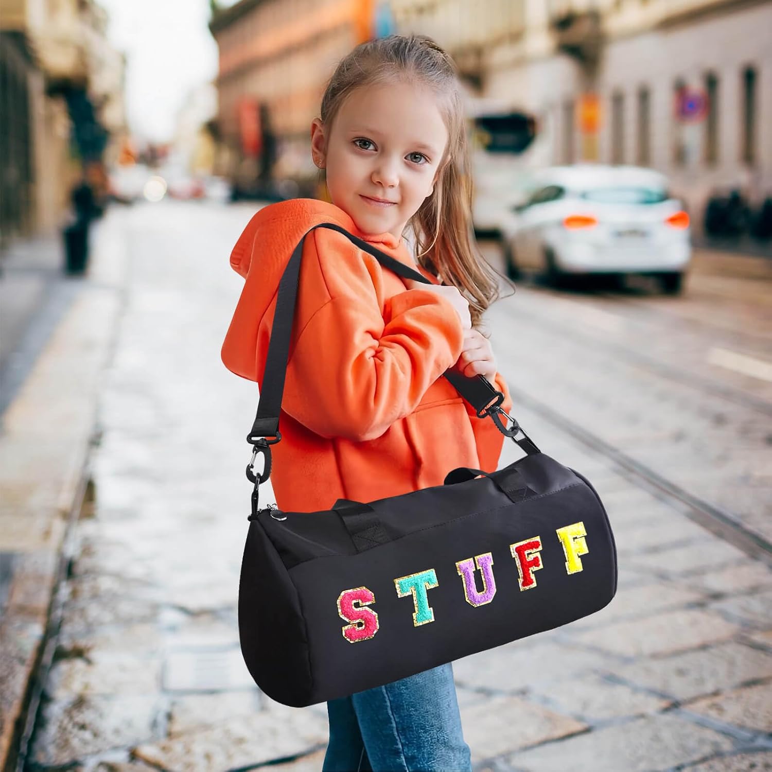 Chenille Letter Stuff Tote Bag 16 Inch, Small Gym Duffle Bag for Travel Dance Sports Workout Camping, Carry On Cheer Ballet Overnight Weekender Bags Birthday Gifts for Girls Kids Teens Women - Black - Image 2