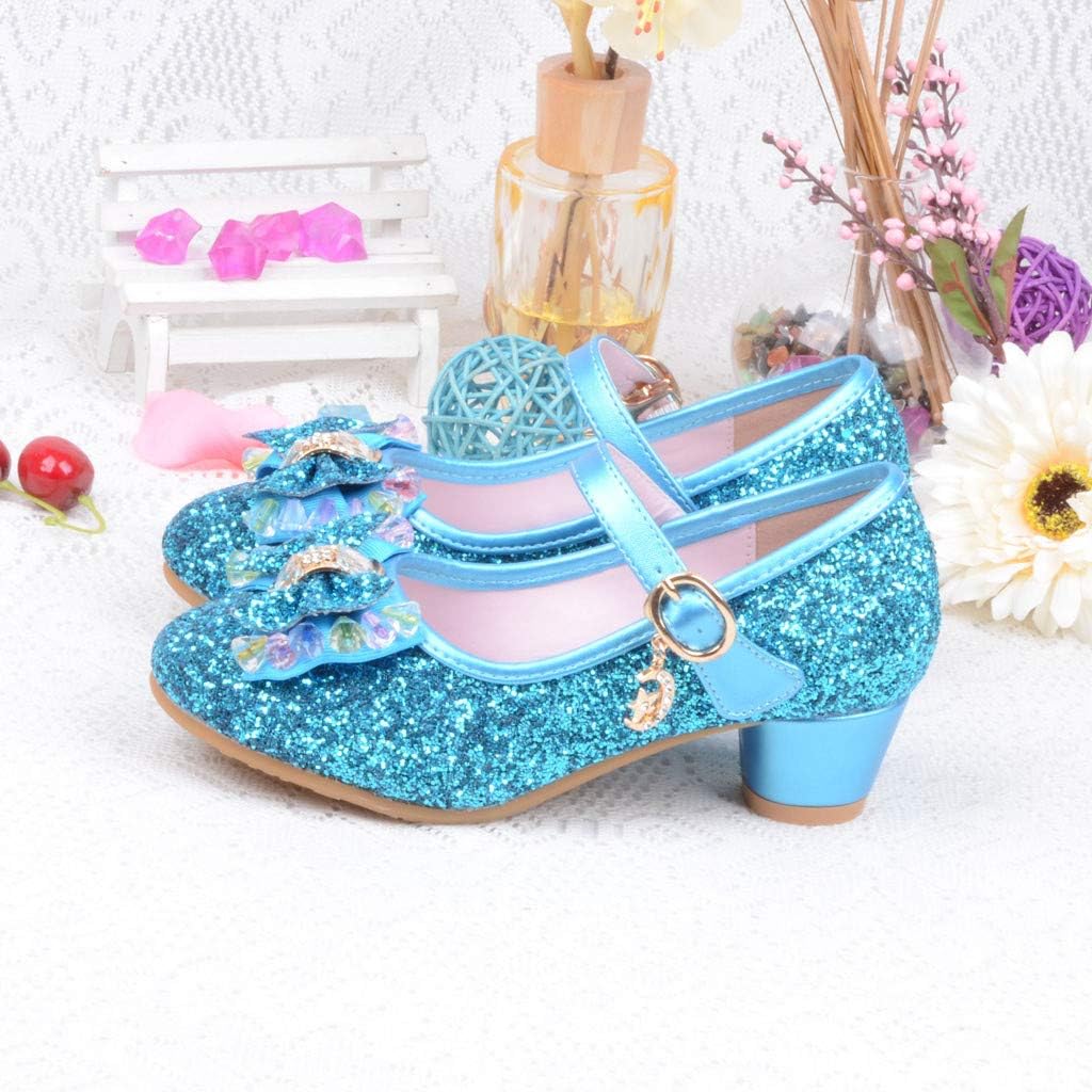 Baby Girl Sequin Bowknot Embellished Shoe Hook and Loop Splicing Metal Chain Sandal Thick Low Heel Princess Shoes