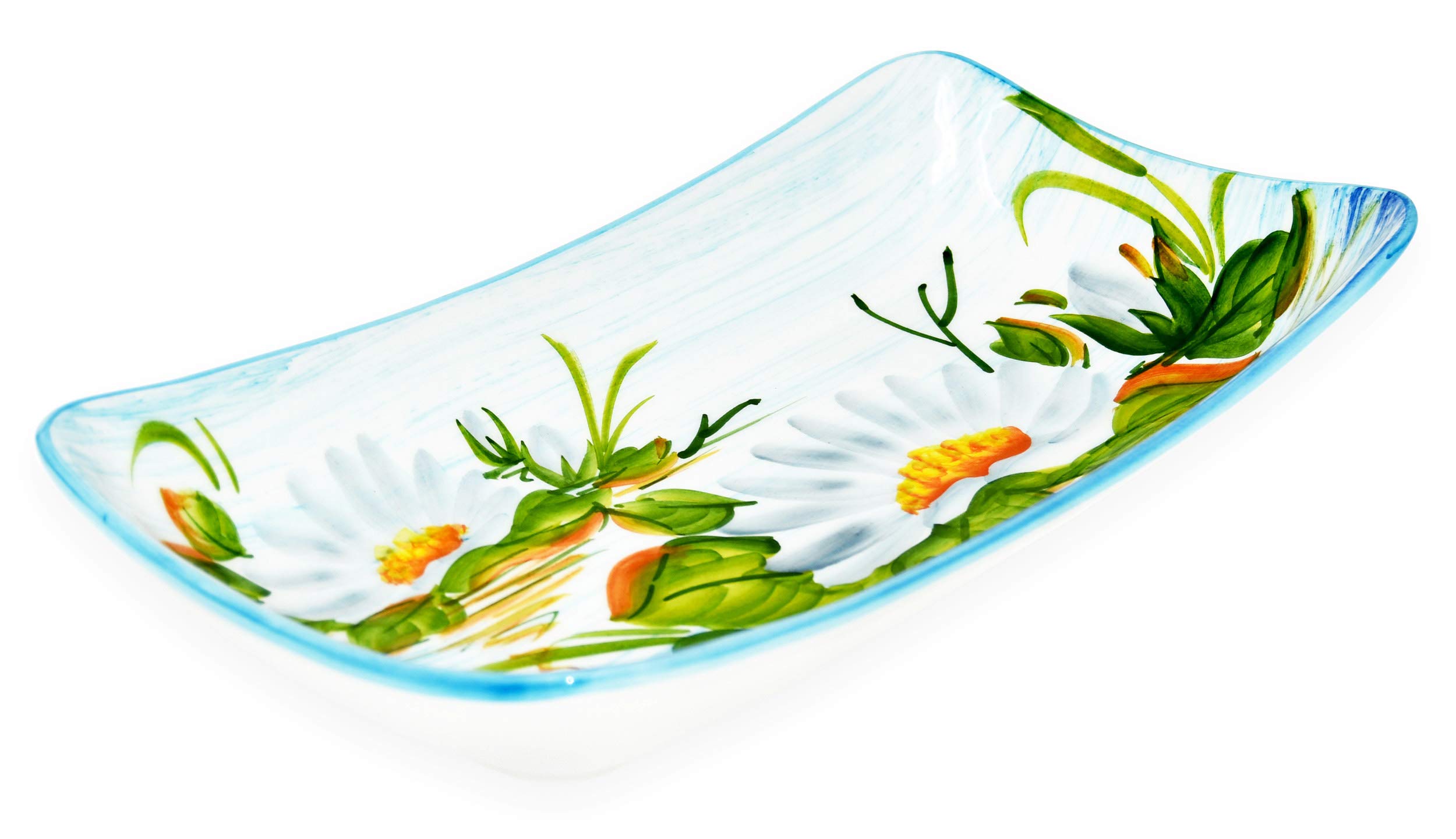Lashuma Eckiger Dekoteller Keramik mit Rand, Bemalte Servierschüssel Design: Seerose, Salatplatte Größe 33x17 cm