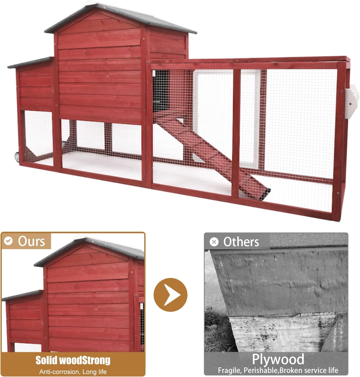 PetsCosset 79" Wooden Chicken Coop Rabbit Cage with Nesting Box, Waterproof Roof, Removable Tray, Combinable