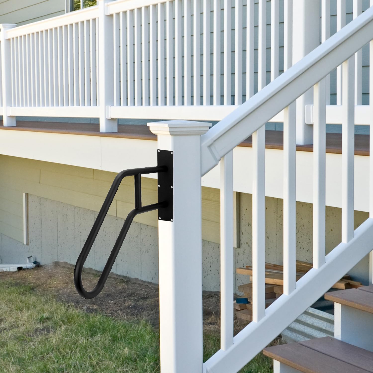 QWORK® Barandillas de seguridad para exteriores de 66 cm, barandillas para 1-3 pasos, manija de seguridad en forma de U, para jardines, hoteles, escuelas, entrada de porches, negro