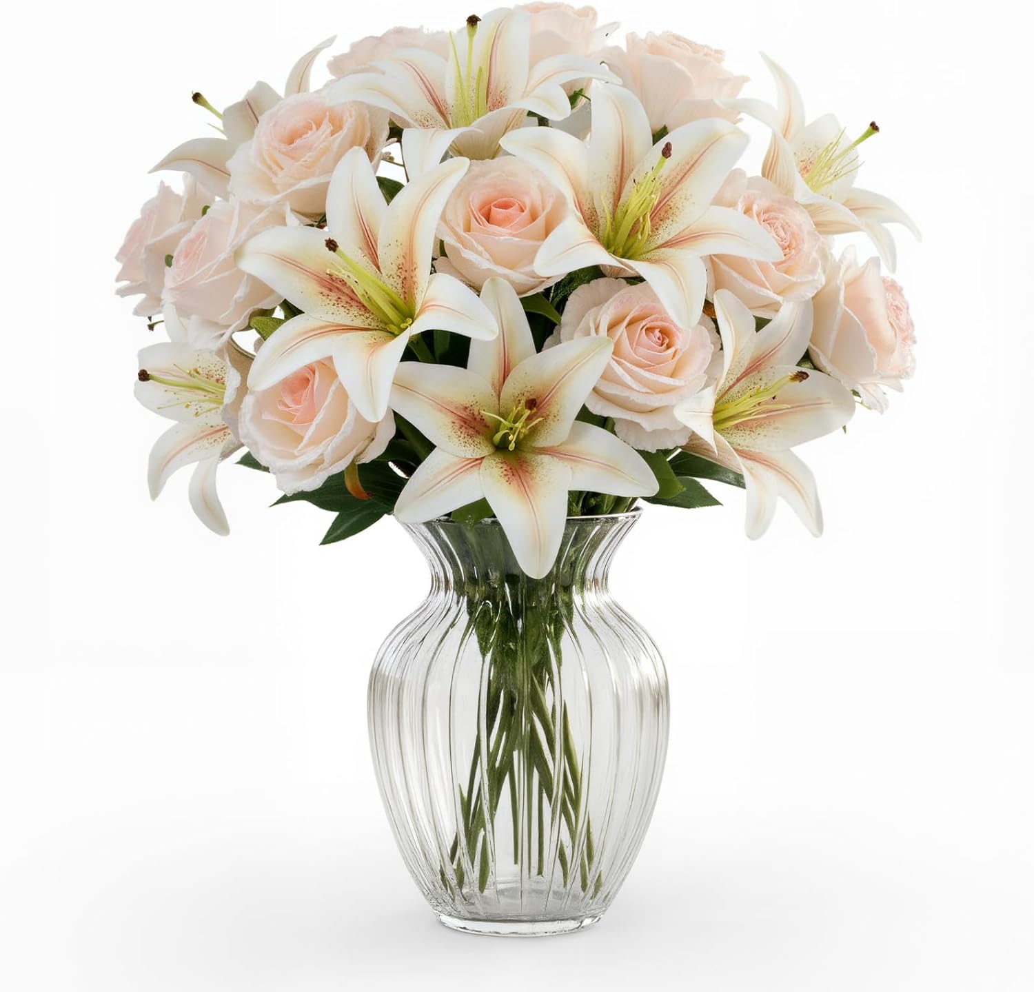 Hotop 20 Pcs Artificial Lily and Rose Flower Bouquet with Long Stem Realistic Silk Fake Floral Arrangement Gift for Mother Day Bridal Wedding Table Centerpiece(Champagne & Pink)