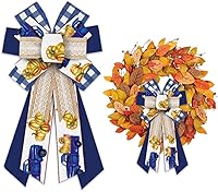 Vista 6 de ABTOLS Arcos grandes de corona de Happy Fall Y'all, lazos de búfalo naranja para corona, hojas de otoño, lazos de arpillera para puerta delantera