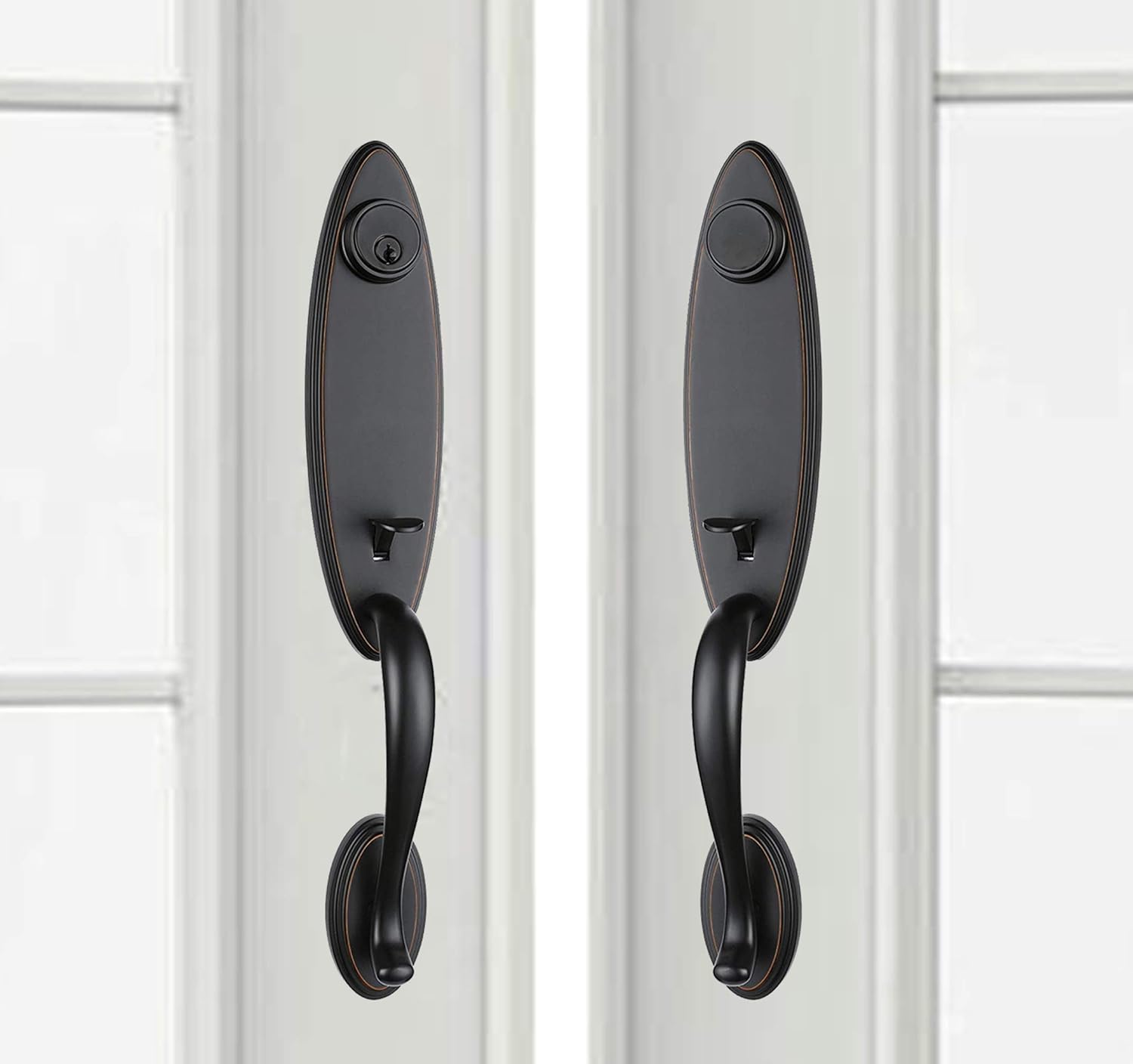 Tор Rаtеd Double Door Handleset Side Door and Back Door Exterior Full Escutcheon Lockset-Keyed Handleset & Dummy Inactive HandleSet in Oil Rubbed Bronze2006-10B-SET (Keyed & Dummy Double Door Handleset)