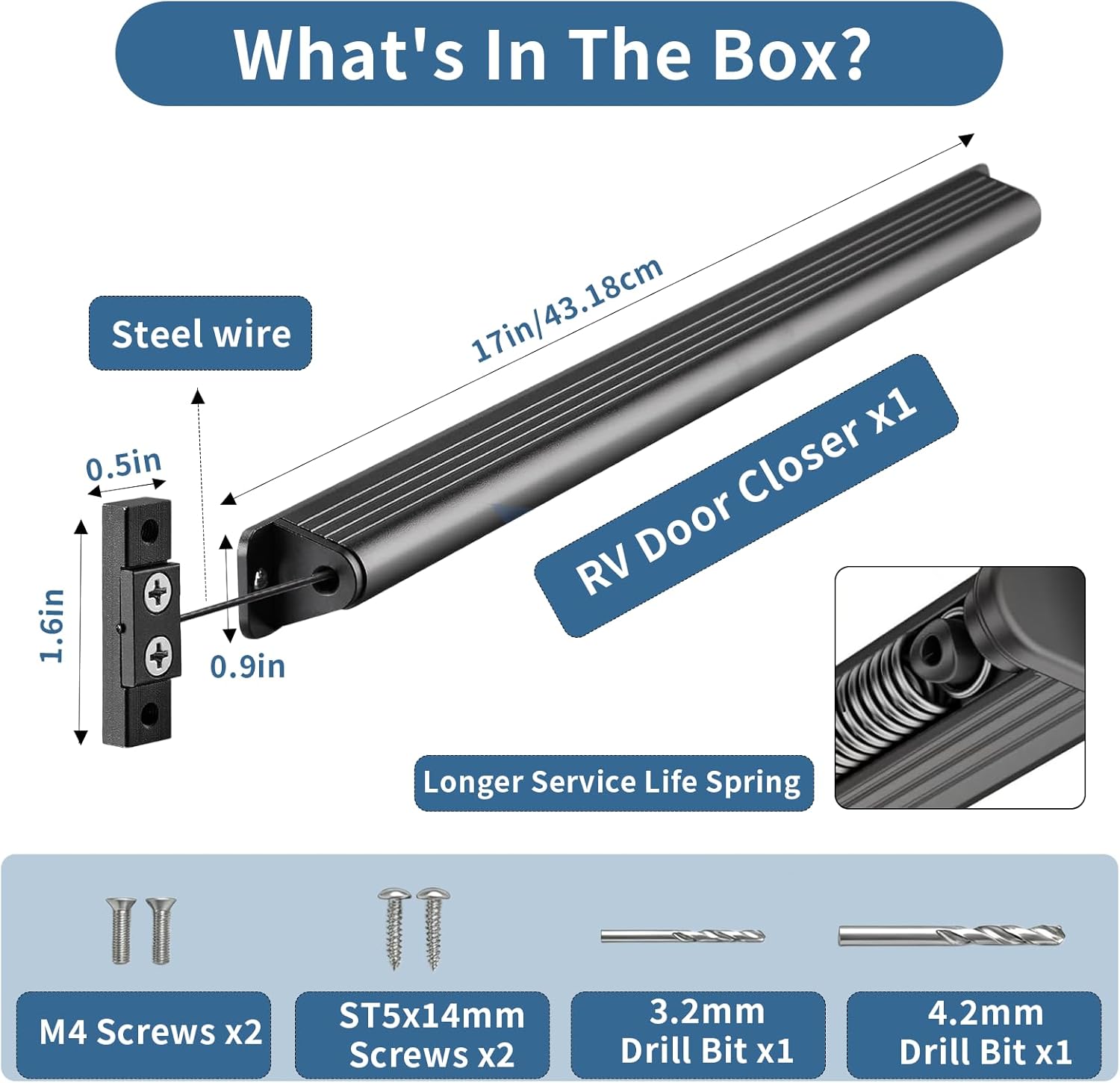 17-Inch RV Screen Door Closer, Adjustable Aluminum Automatic Closing Device for 20-24" Wide Trailer and Camper Screen Doors Secure Enclosure Spring, Includes Installation Hardware