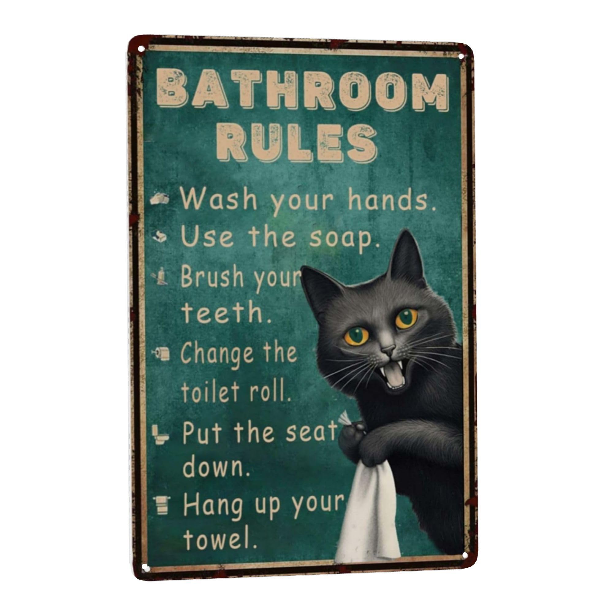 Vintage Cat Bathroom Rules Tin Sign - Funny Metal Wall Art Decor for Cat Lovers. Rustic 8x12 inch Design for Bathroom Accessories and Home Decor. Hipster, Boho, Retro and Hippie