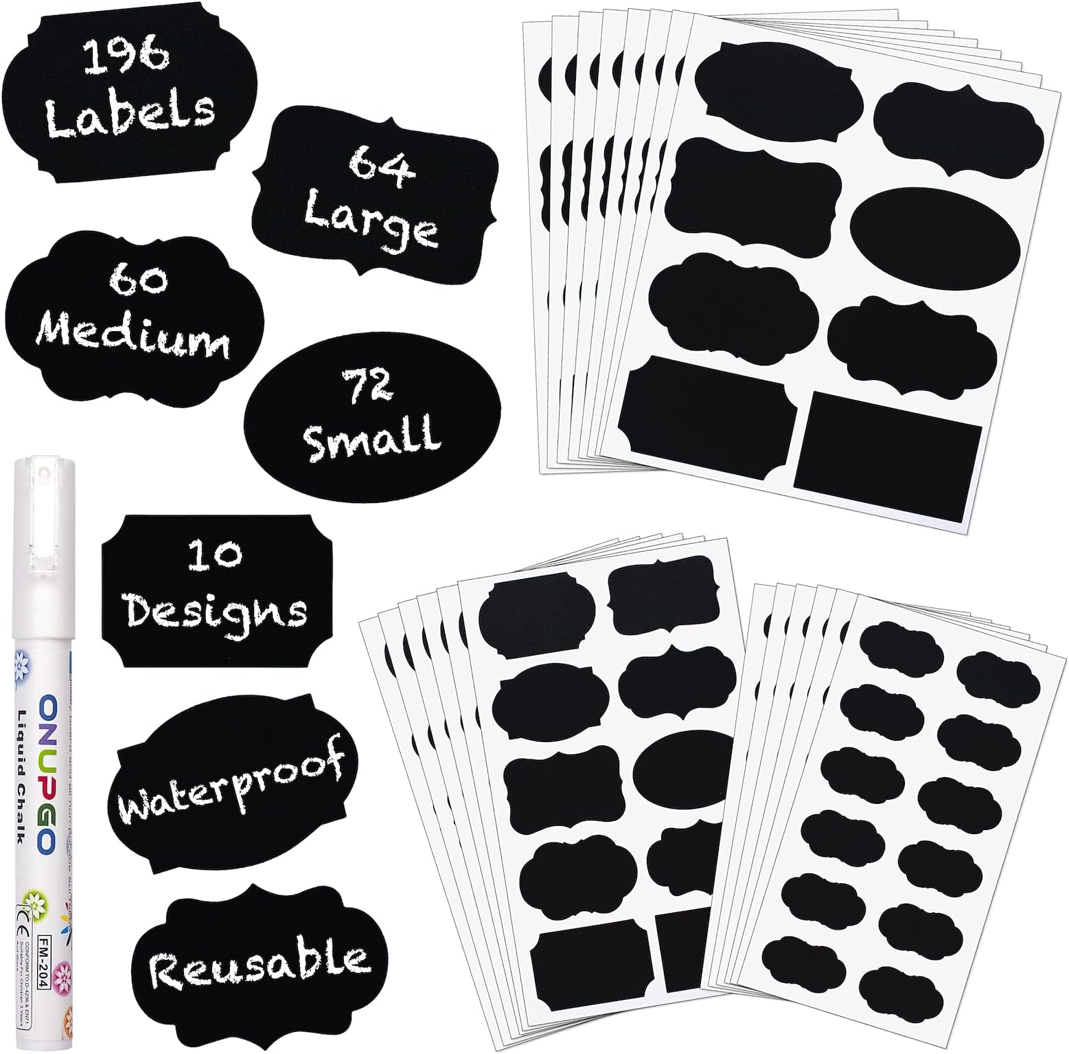 ONUPGO Chalkboard Labels Stickers Bulk - 196 Reusable Chalk Sticker Labels with Erasable Chalk Maker, Removable Waterproof Blackboard Labels for Containers, Glass, Mason Jar Labels