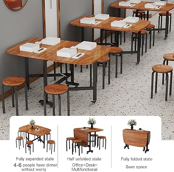 Foldable Dining Table, Drop Leaf Dining Table with Lockable Casters, Space Saving, Expandable Dinner Table, Foldable, Extendable Dining Table, Dining Set for 2 People, Dining Table for 4 to 6 People