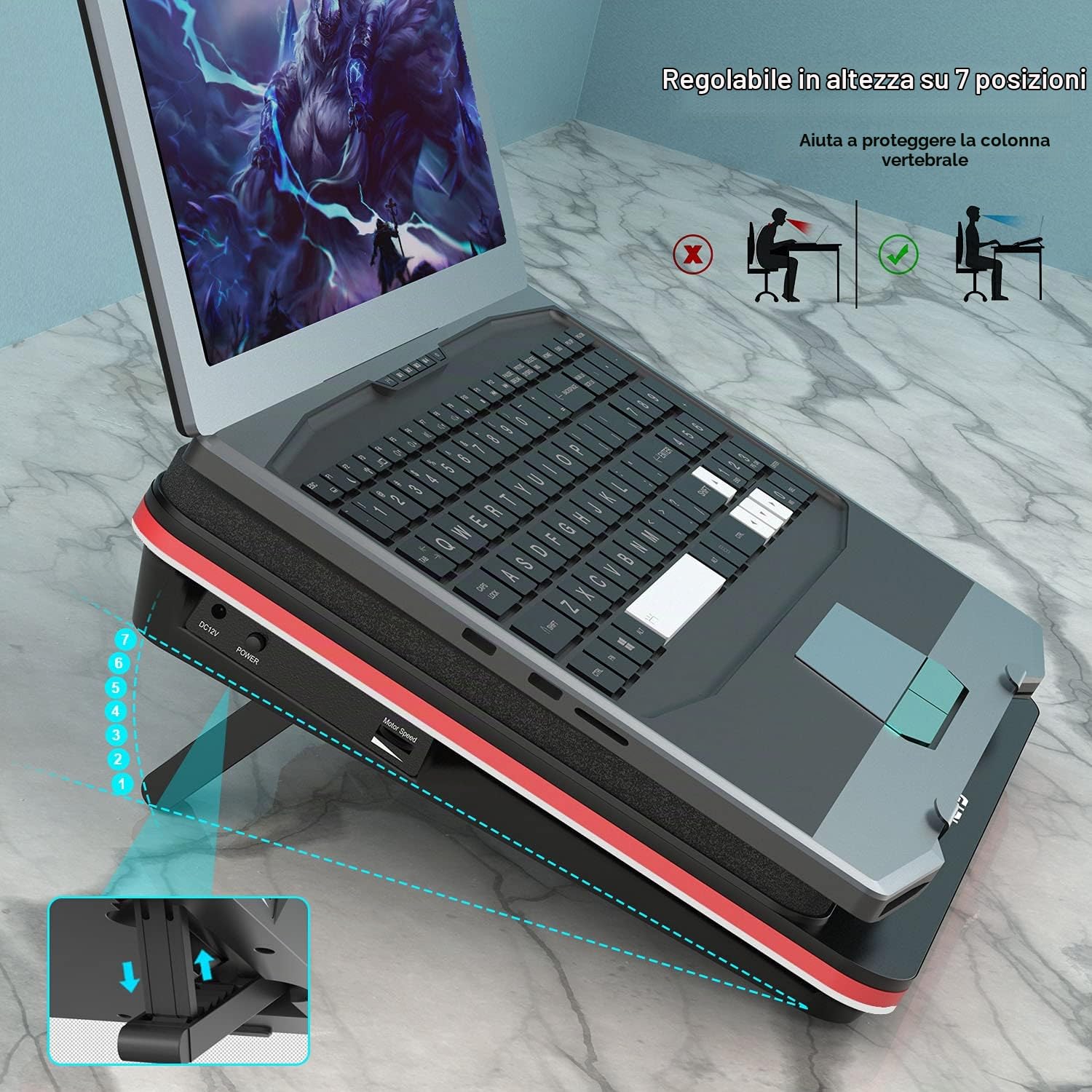 IETS GT500, potente turboventilatore (5000 giri/min), con velocità infinitamente variabile, guarnizione in schiuma per raffreddamento rapido per computer portatili da gioco da 13-17,3", con hub USB a