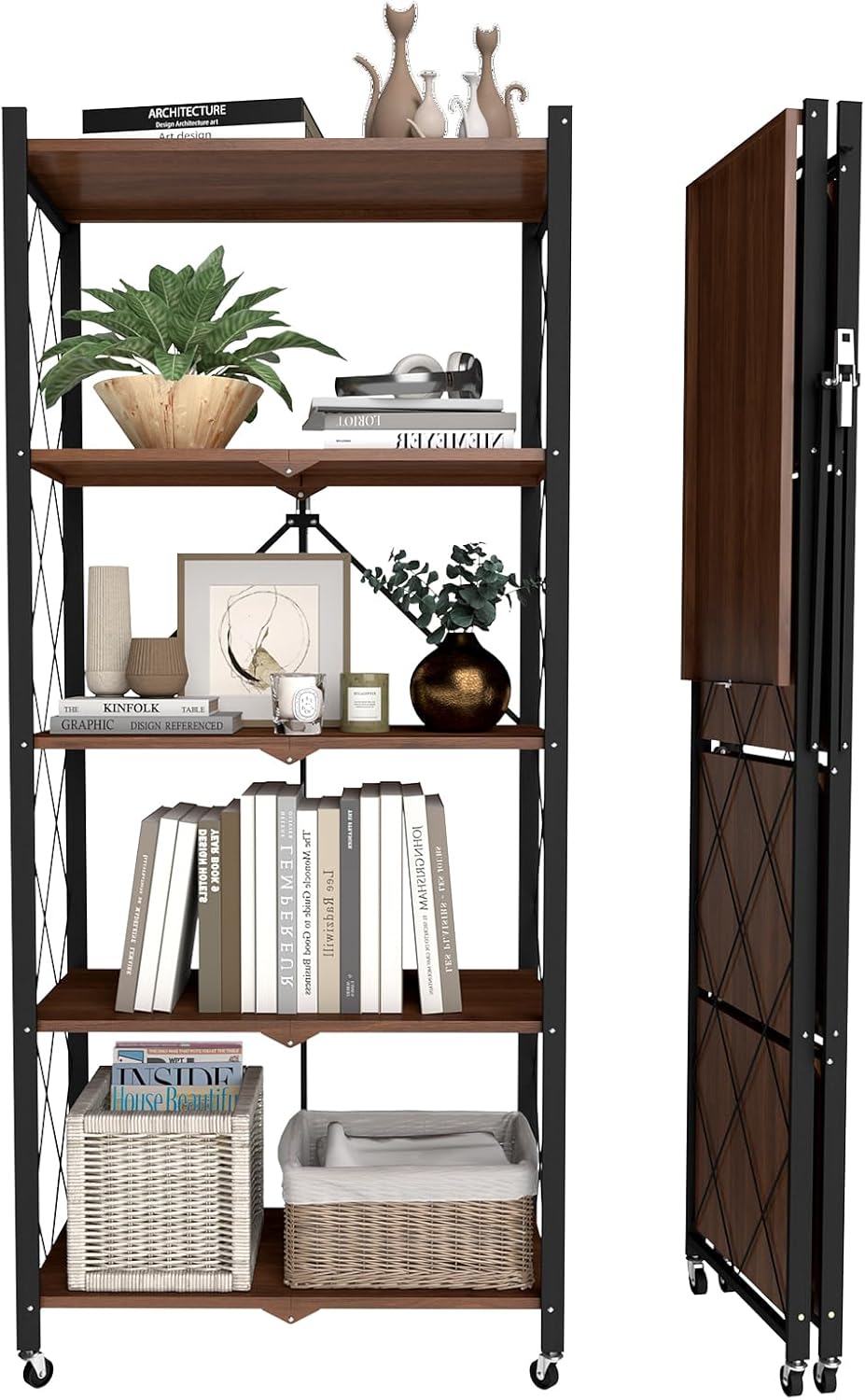3 Tier Foldable Metal Storage Shelf with Wheels, 300LBS Heavy Duty Rolling Shelving Unit, Collapsible Mobile Organizer Shelves for Kitchen Pantry Office, 27.9"x13.3"x35.4", Black
