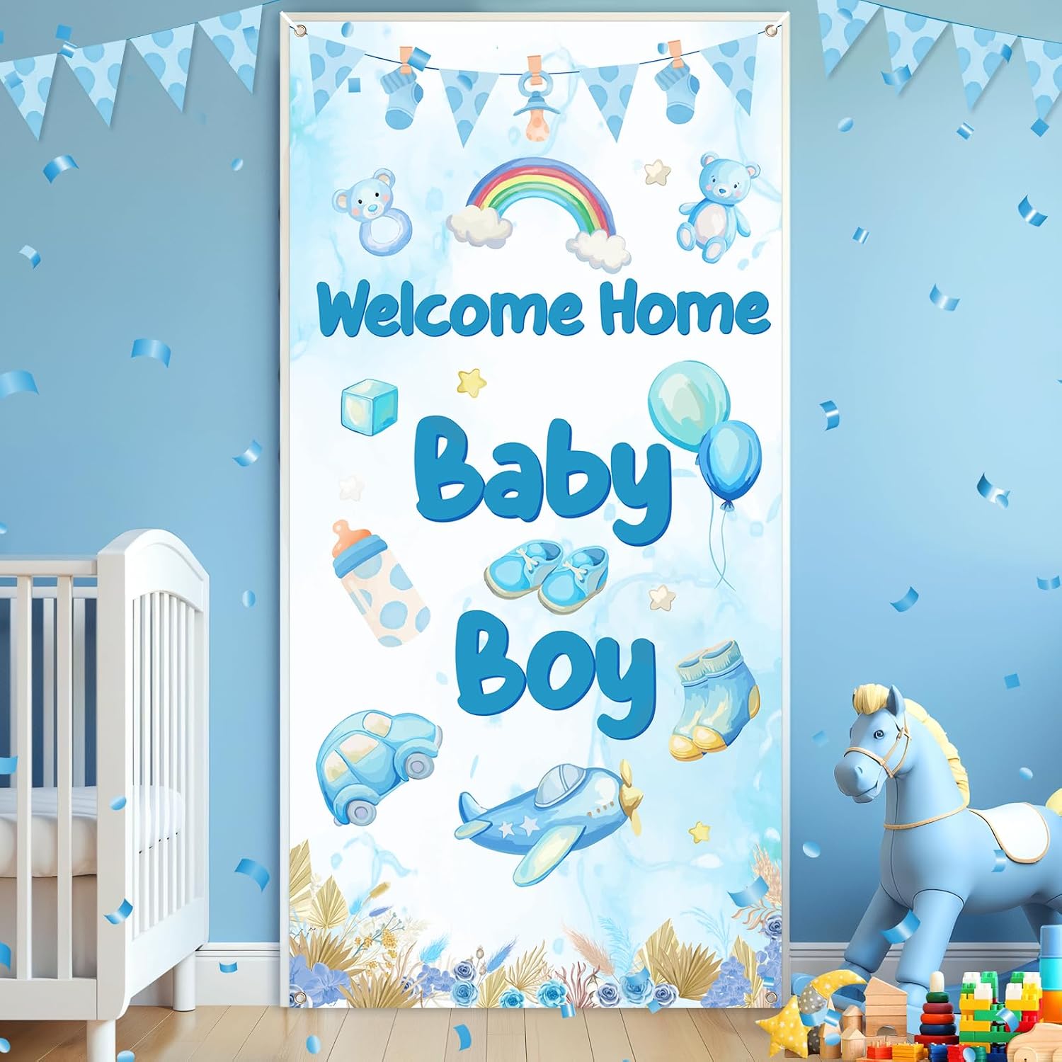 Welcome Home Baby Boy Banner Decorations Welcome Baby Boy Door Cover Banner Boho Rainbow Baby Shower Decorations for Gender Reveal Party Supplies