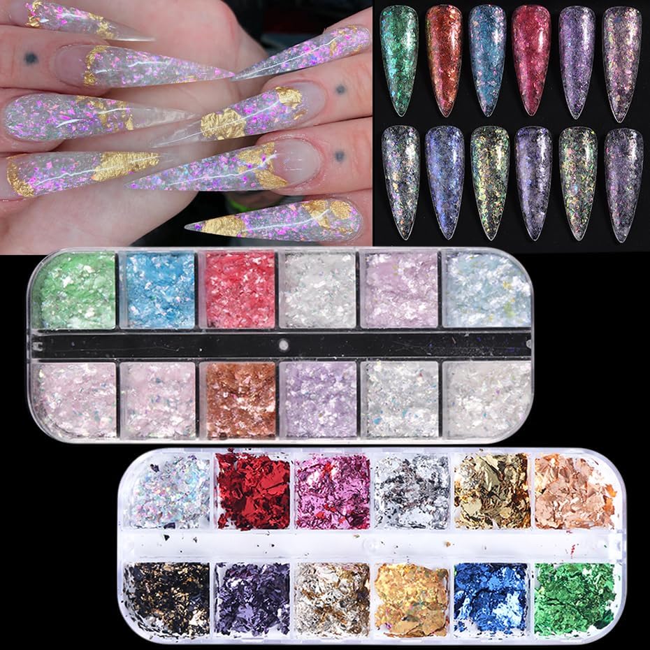 24Grid Aurora Opal Iridescent Nails Mermaid Flake Powder,Holographic Metal Color Gold Silver Confetti Nail Art Foil Paillettes,Irregular Glitter Sparkly Sequin Design for Manicure Decoration