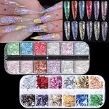 FSpronail 24Grid Aurora Opal Iridescent Nails Mermaid Flake Powder,Holographic Metal Color Gold Silver Confetti Nail Art Foil Paillettes,Irregular Glitter Sparkly Sequin Design for Manicure Decoration