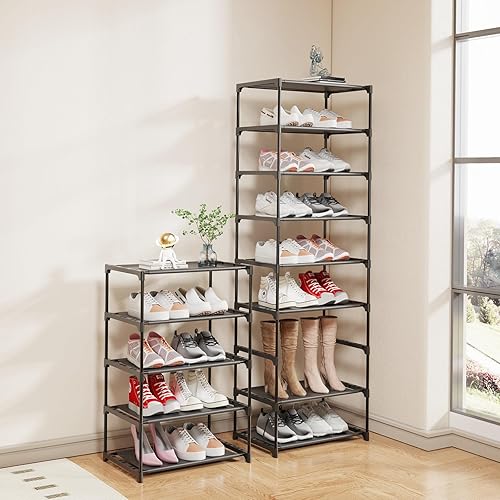 Miniatura 4 de Haizsijin Zapatero pequeño, organizador de almacenamiento de zapatos estrecho apilable, estante de almacenamiento de zapatos de metal para 6 pares