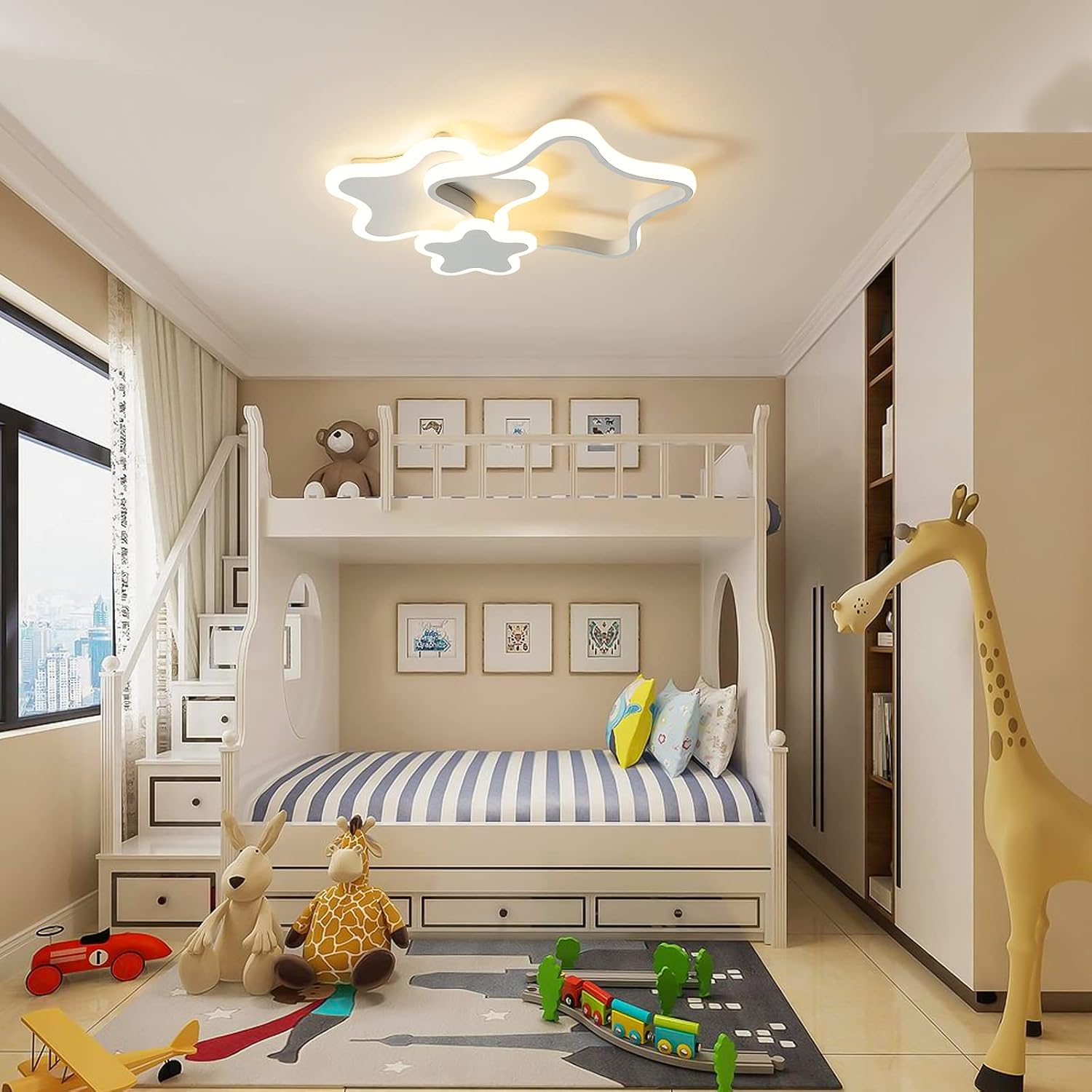 Tioolo Dimmable LED Ceiling Light, Creative Cartoon Star Ceiling Lamp, Acrylic LED Chandelier with Remote, Modern Flush Mount Chandelier Lighting Fixture for Boys Girls Bedroom Living Room, 32W/White