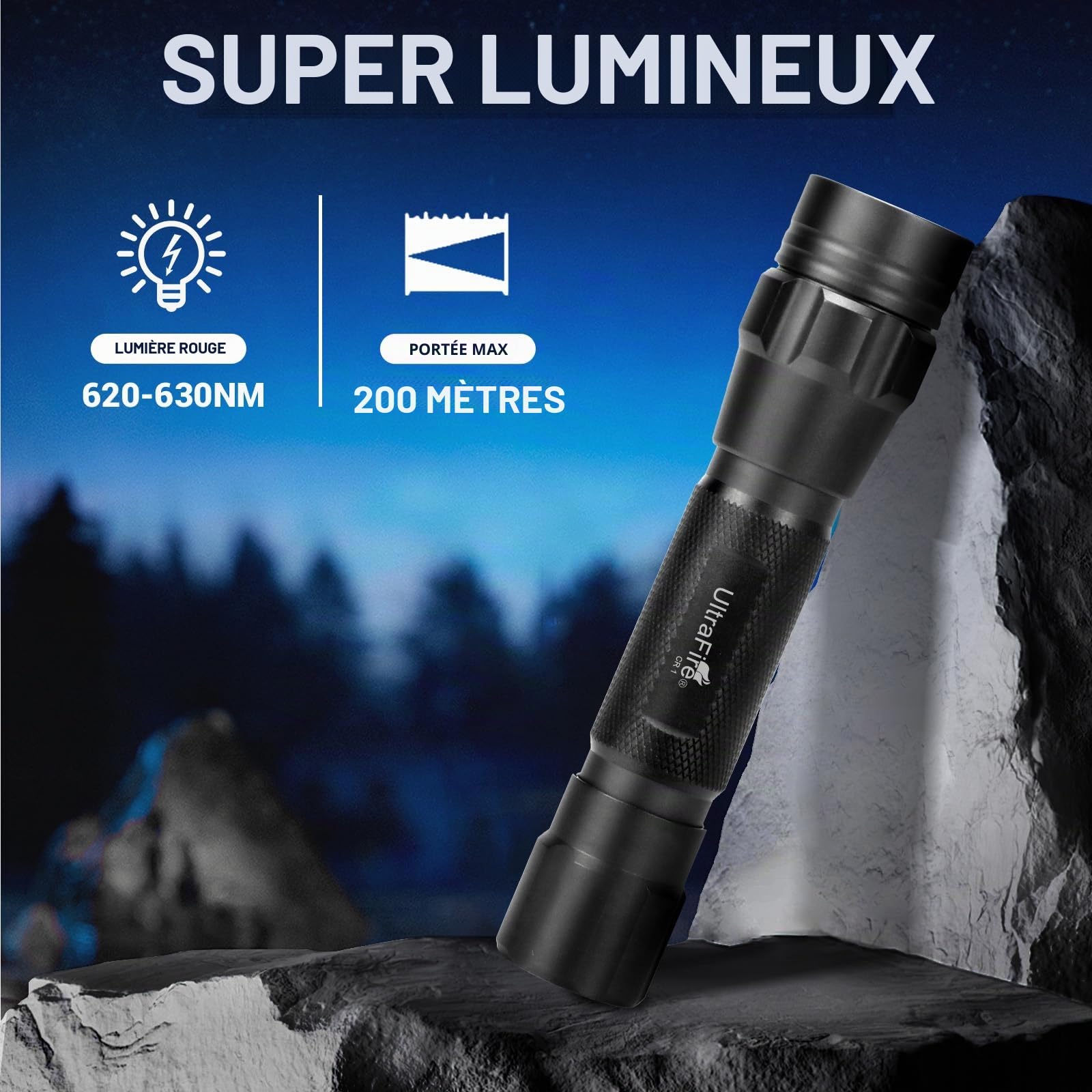 ULTRAFIRE Lampe torche LED rouge 620-630 nm lumière de chasse rouge avec batterie et chargeur, lumière rouge de 200 m pour astronomie, aviation, observation nocturne, CR1