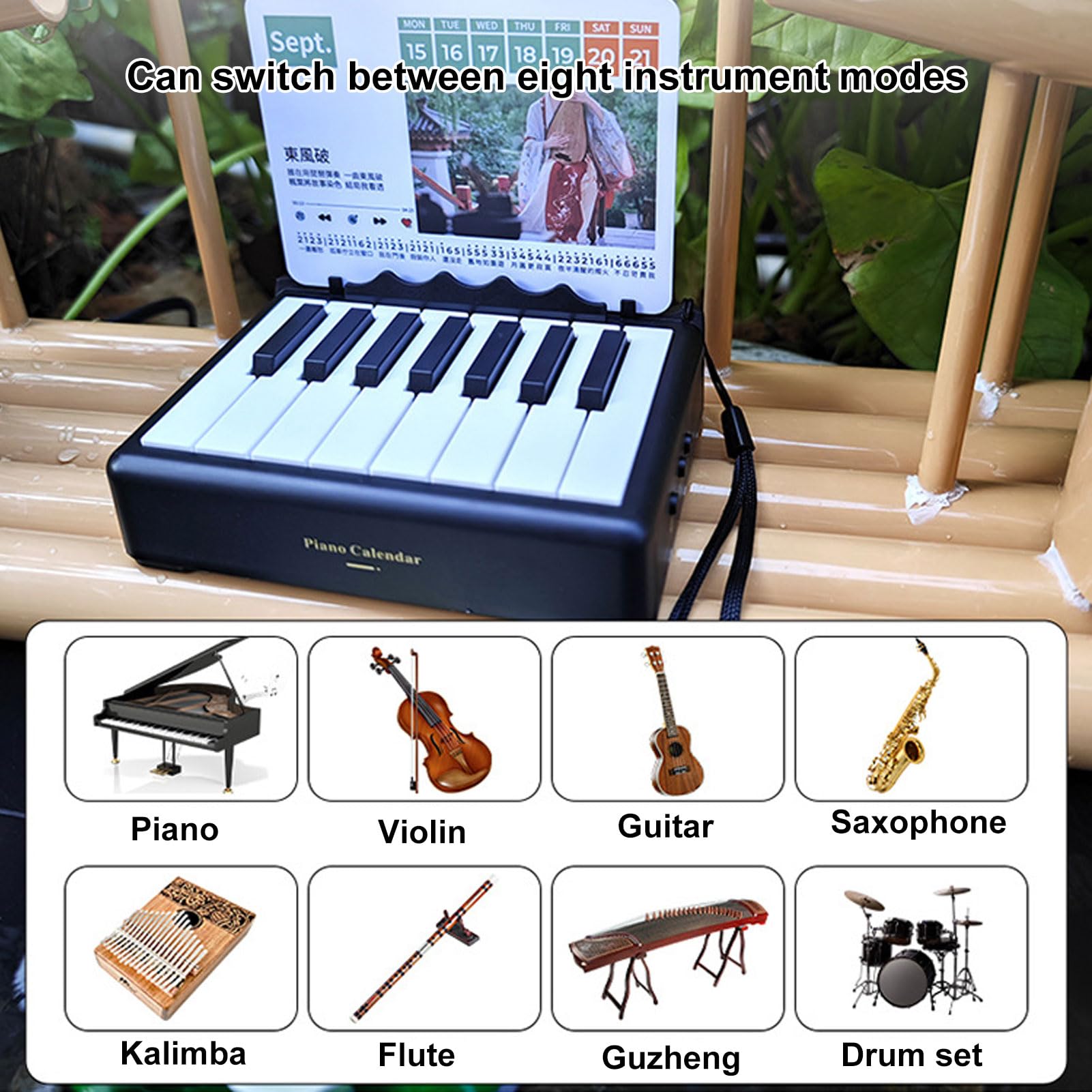 Piano Reproducible de 15 Teclas Cajón Decorativo Luz de Teclado Electrónico BT 8 Sonidos Instrumentos Caja Música Escritorio Recargable Portátil Adorno para el Hogar (Negra)