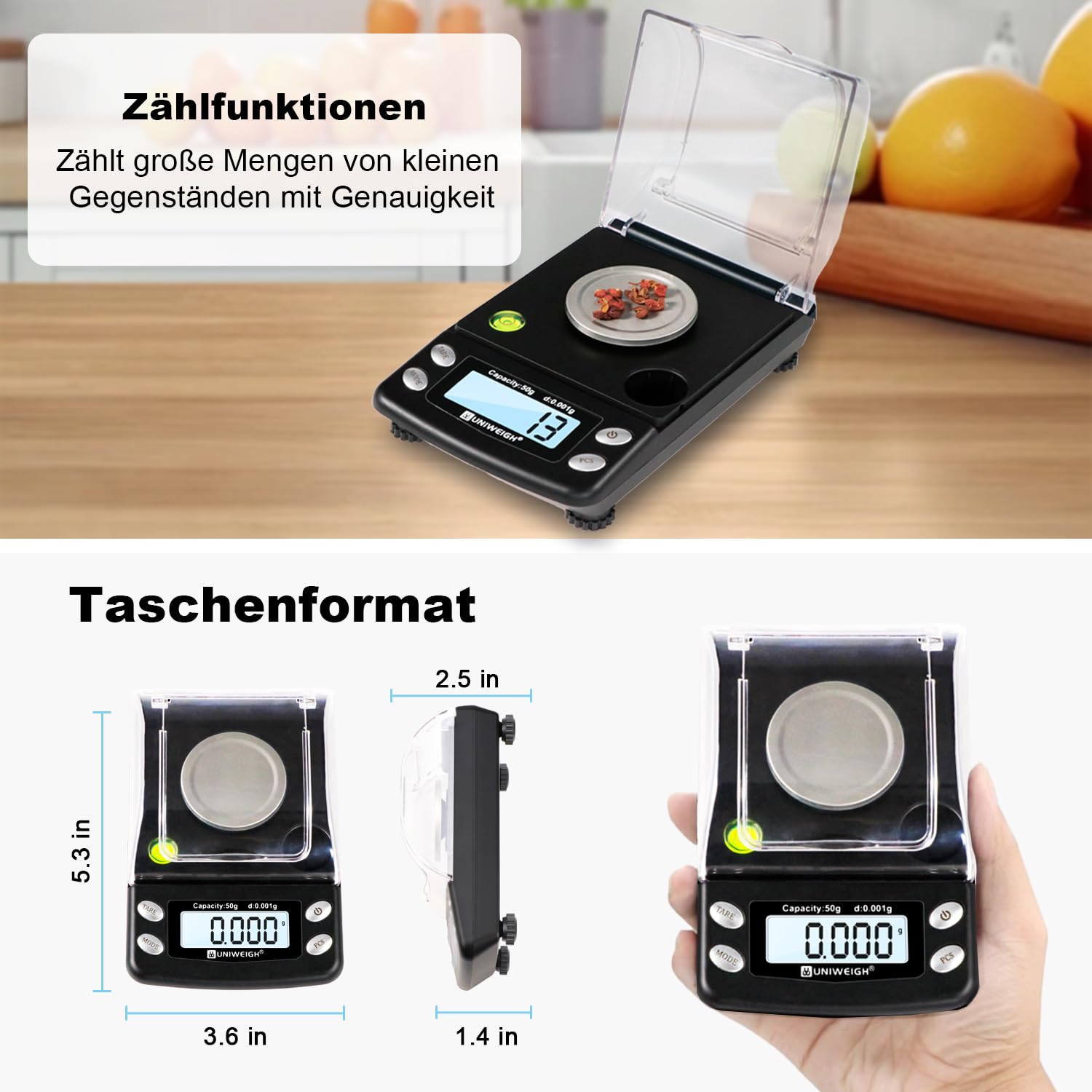 UNIWEIGH Digitale Milligramm-Skala, 0,001 g/50 g, Präzisions-Waage für Schmuck, Pulver, Gold, Edelsteine, Nachladungswaage, Mikrogramm-Skala mit 6 Einheiten, Tara, Kaltwicht, Taschenwaage mit USB