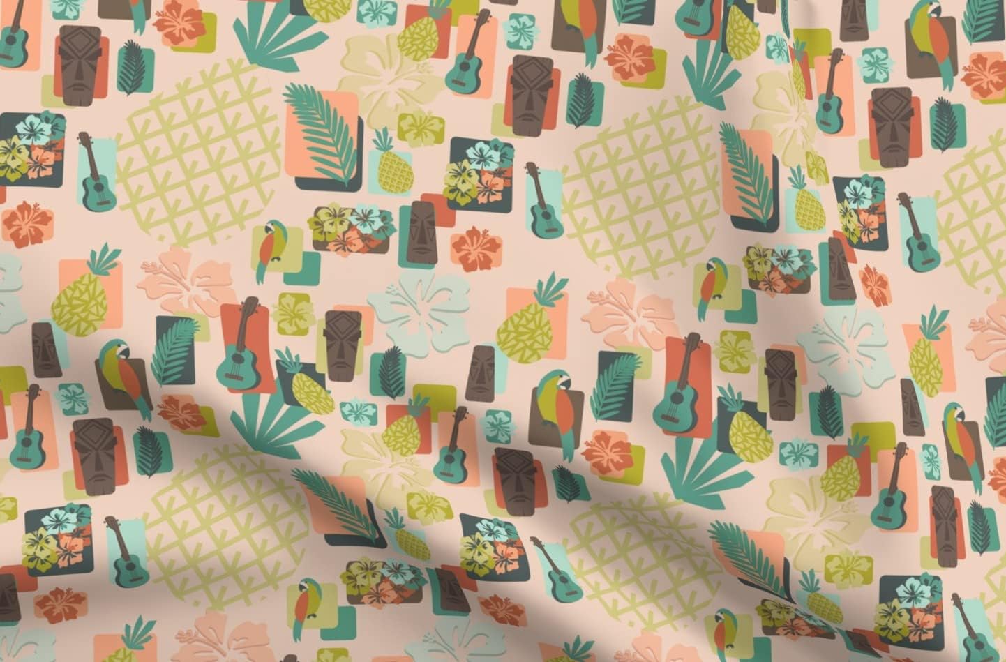 Spoonflower Fabric - Tiki Party Mid Century Modern Hawaiian Village Beach Floral Palm Printed on Petal Signature Cotton Fabric Fat Quarter - Sewing Quilting Apparel Crafts Decor