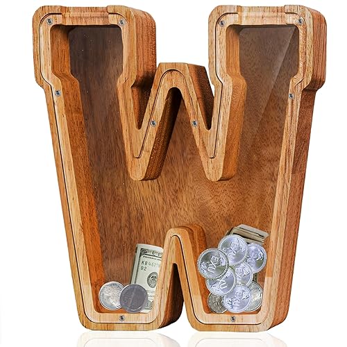 Vista 134 de Customized Name Large Wooden Piggy Bank for Boys Girls Alphabets Letter A-Z Coins Bills Money Change Bank Box Initial on Clear Cover