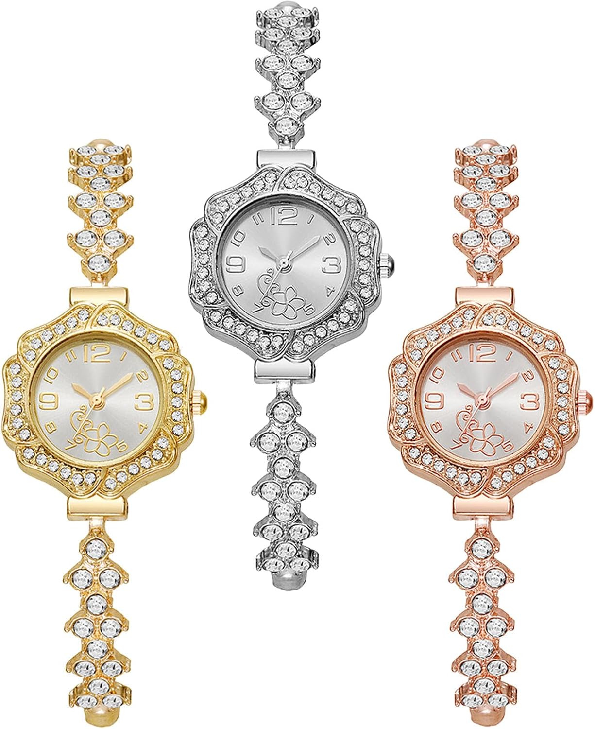 3Pcs Set Flower Shaped Dial Diamond Dress Watch Elegant Crystal Bracelet Watches for Women Wholesale Analog Quartz Wristwatches