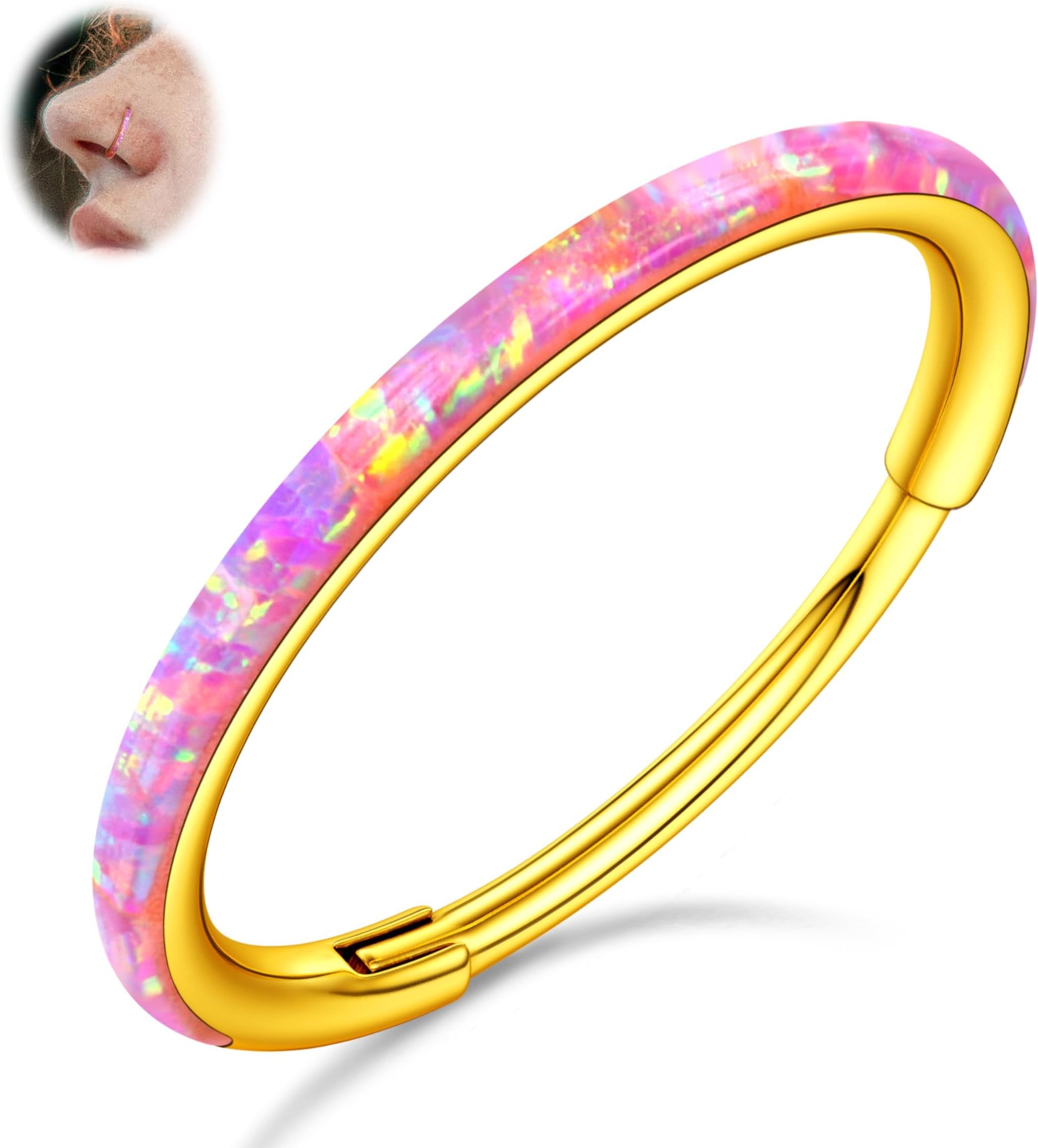 BodyBonita Hinged Opal Nose Rings Hoops - 16G/18G/20G 316L Surgical Steel Hinged Hoop Nose Rings Septum Rings Conch Helix Daith Piercing Jewelry Purple/Pink/Blue/White 10mm/8mm Silver/Gold Plated