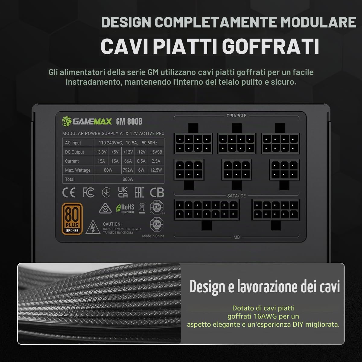 GAMEMAX GM 800B Alimentatore PC 800W Full Modular, 80Plus Bronze, Active PFC & DC-to-DC, ATX Single 12V Rail, Ventola 140mm Condensatori di alta qualità, 7 funzioni di protezione, 5 anni di garanzia